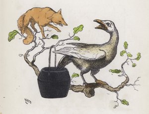 Raposa e um ganso com a cauda num pote de cola (gravação colorida) de Charles Henry (after) Bennett