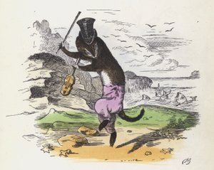 Doninha francesa tocando violino e dançando (gravura colorida)