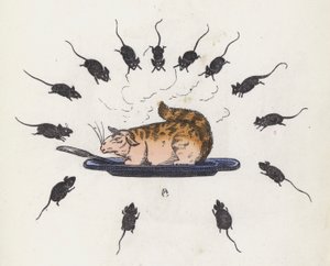 Gato glutão num prato rodeado de ratos esfomeados (gravação colorida) de Charles Henry (after) Bennett