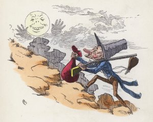 Homem escalando uma colina para atirar na Lua (gravura colorida) de Charles Henry (after) Bennett