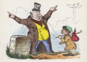 Homem dando indicações confusas a um viajante na estrada para Londres (gravura colorida) de Charles Henry (after) Bennett
