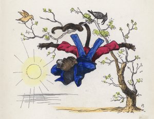 Macaco pendurado em uma árvore pela cauda (gravação colorida)