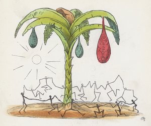 Homens de pau dançando ao redor de uma árvore (gravura colorida)