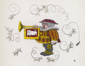Gritador de cidade tocando trompete, rodeado de cães de cauda encaracolada (gravação colorida)