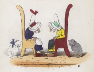 Duas velhas esposas falando e depois adormecendo (gravura colorida) de Charles Henry (after) Bennett