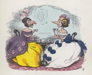 Duas mulheres com narizes grandes bebendo chá (gravura colorida)