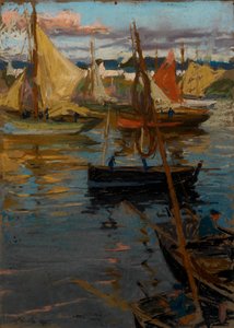 Um brilho vespertino com um rastro de rosas na sombra (Barcos Concarneau) de Charles Henry Fromuth