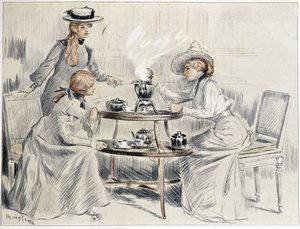 Senhoras tomando chá ao redor de um pequeno samovar - desenho de Henri Tenré, ca. 1910