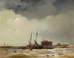 Barcos de pesca a aterrar numa praia de Charles Hoguet