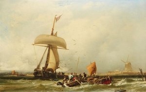 Alemão: Dutch Coastal View with Sailing Ship and Boats Dutch Coastal View with Sailing Ship and Boats