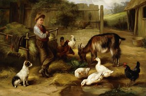 Um menino com aves de capoeira e uma cabra em um pátio, 1903 de Charles Hunt