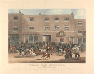Perseguição em torre [conjunto de seis]: Caça às torres de St. Albans Grand Steeple Chase. / 8 de Março de 1832. Prato 1. Preparar para começar ... de Charles Hunt