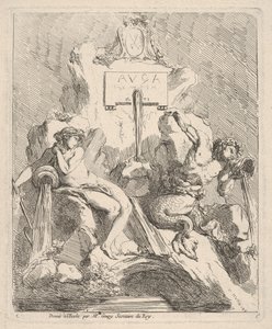Projeto para uma fonte com uma ninfa sentada à esquerda e tritão segurando uma concha na boca ..., 1768. de Charles Hutin