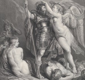 Herói coroado por Vitória, que coloca uma coroa de louros na cabeça, Vênus e Cupido em..., ca. 1735-61. de Charles Hutin