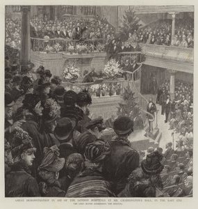 Grande demonstração na ajuda dos hospitais de Londres na sala do Sr. Charrington, no East End de Charles J. Staniland