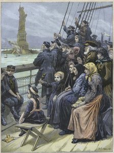 Chegada dos emigrantes judeus a Nova York Usa Em 1892 - refugiados judeus da Rússia passando pela colossal estátua no porto de Nova York - gravura de Charles Joseph STANILAND- "Chegada dos emigrantes judeus a Nova York em 1892, ilustração de Charles Joseph
