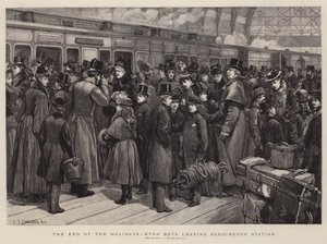 O fim dos feriados, meninos de Eton que saem da estação de Paddington