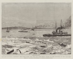 A perda de HMS Victoria, a cena depois que o navio afundou, barcos pegando os sobreviventes do navio-bandeira