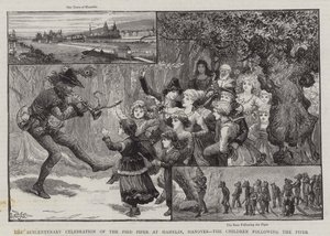 A celebração sexcentenária do flautista em Hamelin, Hanover, as crianças que seguem o gaiteiro de Charles J. Staniland