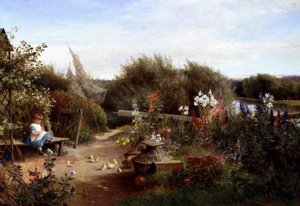 No jardim. Num jardim, uma menina sentada num banco dá sementes a pintainhos. Pintura de Charles James Lewis (1830-1892 britânico) Coleção particular