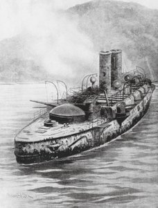 O cruzador blindado espanhol Oquendo após o combate naval de 1898 (litografia) de Charles John de (after) Lacy