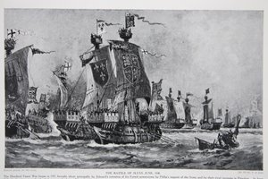 A Batalha de Sluys, 24 de junho de 1340, ilustração da "Hutchinson&39;s Story ofthe British Nation", c.1923 de Charles John de Lacy