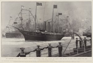 The Coronation Naval Review, em Spithead, 16 de agosto, o Yacht de Sua Majestade, o Victoria e Albert, com o rei a bordo, passando pelas linhas