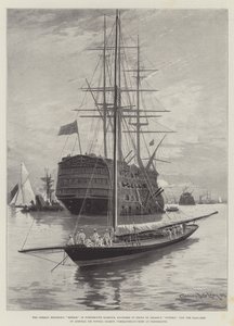 O Meteoro do Imperador Alemão no Porto de Portsmouth, ancorado em frente à Vitória de Nelson, agora o Navio-bandeira do Almirante Sir Nowell Salmon, Comandante em Chefe em Portsmouth de Charles John de Lacy