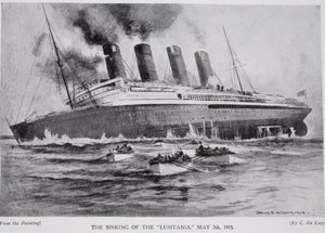 O naufrágio da Lusitânia, 7 de maio de 1915, ilustração da "Hutchinson&39;s Story ofthe British Nation", c.1920
