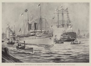 A visita do imperador alemão, chegada do Hohenzollern no porto de Portsmouth, vitória do navio-bandeira de Nelson saudando o imperador de Charles John de Lacy