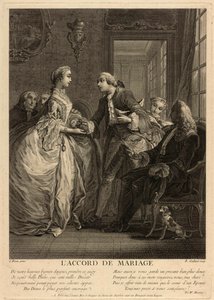 O acordo de casamento. Um jovem coloca uma bolsa nas mãos de uma jovem, sob os olhos de pessoas preocupadas, notários e pais. Obra de Charles Eisen (1720-1778), gravura