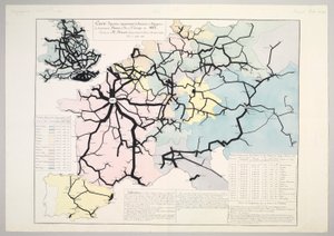Mapa figurativo e aproximado do Movimento de Viajantes nas principais ferrovias da Europa em 1862, 1865 de Charles Joseph Minard
