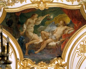 Psyche levantando sua lâmpada para contemplar sua esposa Eros (ou Amor) Pintura de teto de Charles Joseph Natoire (Charles-Joseph Natoire