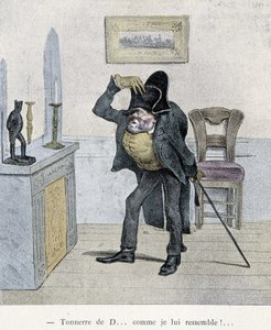 Trovão de D... como eu me pareço com ele!... Desenho animado de Travies datado do século XIX, retratando um homem comparando-se a uma estatueta de Napoleão.