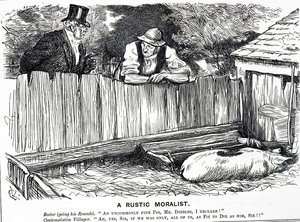 Cartoon intitulado "A Rustic Moralist", representando um reitor, um aldeão e um porco invulgarmente belo de Charles Keene