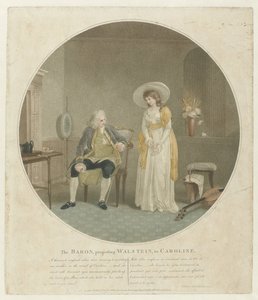 Mulher com uma rosa branca e um homem numa cadeira
O Barão, propondo Walstein, à Caroline (título sobre o objecto)