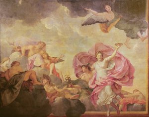 Teto do Abade da Abadia do Rio: Mercúrio raptando Psique ao Monte Olimpo, 1653 de Charles Le Brun