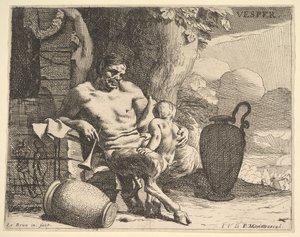 Noite: um sátiro sentado aperta seu filho, uma figura pendura uma guirlanda em um píer além, f ..., ca. 1640 de Charles Le Brun