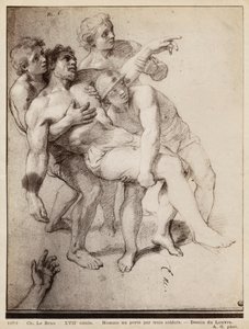 Homem seminu apoiado por três homens, estuda para &39;Alexandre, o Grande&39; e &39;Porus&39; ou &39;A Derrota de Porus&39;, c. 1665-73 (pierre noire e reflexos de giz branco sobre papel bege) de Charles Le Brun