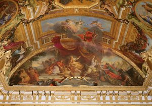 Holanda aceita a paz e se destaca do Sacro Império Romano e da Espanha em 1678, pintura de teto da Galerie des Glaces de Charles Le Brun