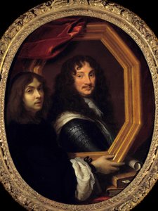 Retrato do artista (ou auto-retrato) apresentando o de uma Pintura militar de Charles Lebrun (Le Brun) (1619-1690) Sol do século XVII. 1,04x0,85 m - Retrato do artista (ou auto-retrato) segurando o retrato de um militar. Pintura de Charles Lebru de Charles Le Brun