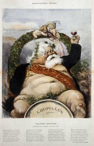 Armand Fallières, enólogo: caricatura de Fallières en Bacchus (Bacco) - em "" le Laughter "" de Out. 1906 de Charles Leandre