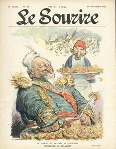 Ilustração de Charles Leandre (1862-1934) para a capa do Le Smile, No. 48, 28/11/12 - O sorriso do comedor de croissants - Turquia, Oriente, Balcãs, Bulgária - Ferdinand de Bulgaria de Charles Leandre