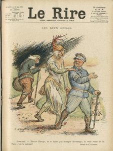 Ilustração de Charles Leandre (1862-1934) para a capa de Le Rire, 24/06/22 - Os dois guias - Inglaterra Grã-Bretanha, Europa, Presidente da República, Paz, Chapeau - Poinsare Raymond, David Lloyd George (1863-1945) de Charles Leandre