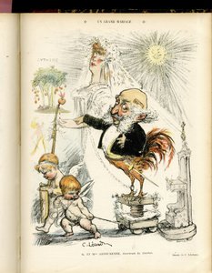Ilustração de Charles Leandre (1862-1934) em Le Rire, 22/10/04 - Un grand mariage - Casamento - Coq, Meyer Arthur - Animalização de Charles Leandre