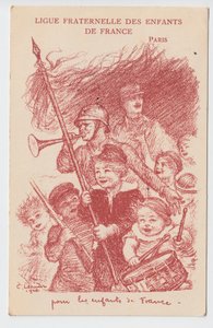 Postal, Satirical in Colours: Ligue fraternelle des enfants de France - Guerra de 14-18, Infância, Journees patriotiques Ilustração de Charles Leandre (1862-1934) de Charles Leandre