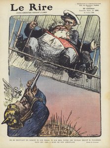 Sátira representando o presidente francês Armand Fallieres voando em um avião com o czar Nicolau
