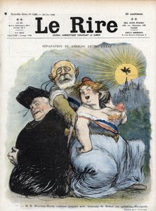 A separação da Igreja e do Estado: "o político francês Jean-Bienvenu Martin (Bienvenu-Martin) (1847-1943), Ministro da Instrução Pública, das Belas Artes e do Culto, procurando desesperadamente separar a Igreja como sacerdote da França (separação francesa  de Charles Leandre