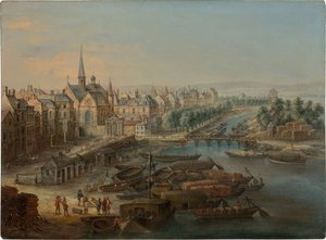 Vista do Arsenal, do porto de Saint Paul e do quai des Célestins em Paris, década de 1730. de Charles Léopold van Grevenbroeck
