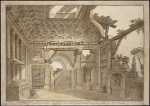 Desenho para os quadros na cela do Padre Lesueur no Mosteiro de Santissima Trinita dei Monti em Roma - Charles Louis Clerisseau (1722-1820). Caneta, pincel, tinta cinza e marrom, cor branca sobre papel, ca. 1760. Dimensão : 36,9x53 cm. L